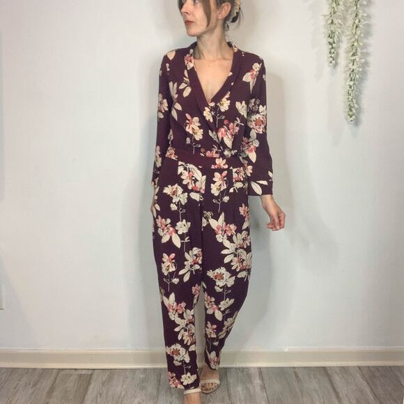 ZARA floral jumpsuit long sleeve faux wrap pockets straight leg boho 70s 2408 - Picture 2 of 12
